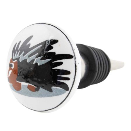 Black Hedgehog Ceramic Flat Wine Bottle Stopper